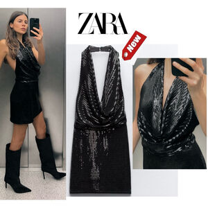 Zara black sequin embellished sparkly halter top mini romper dress M NWT